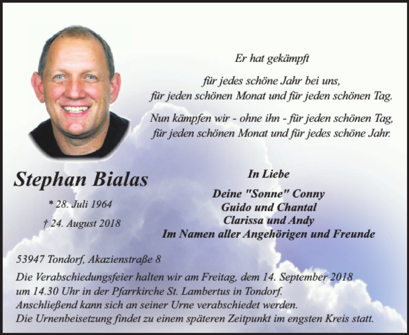  Traueranzeige für Stephan Bialas vom 29.08.2018 aus WochenSpiegel