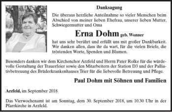 Traueranzeige von Erna Dohm von WochenSpiegel