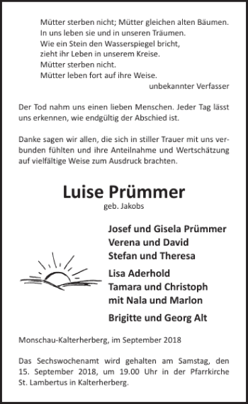 Traueranzeige von Luise Prümmer von WochenSpiegel