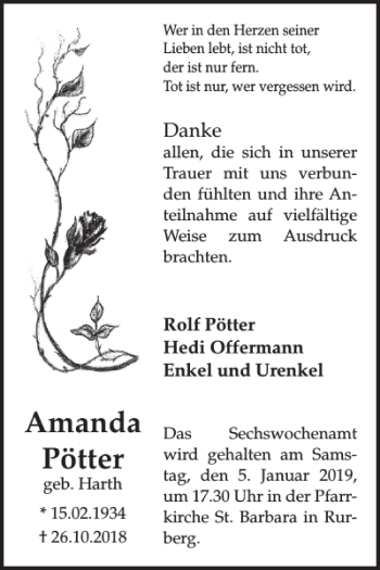 Traueranzeige von Amanda Pötter von WochenSpiegel