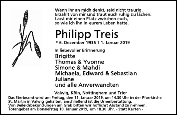 Traueranzeige von Philipp Treis von WochenSpiegel