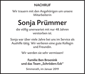 Traueranzeige von Sonja Prümmer von WochenSpiegel