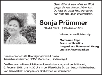 Traueranzeige von Sonja Prümmer von WochenSpiegel