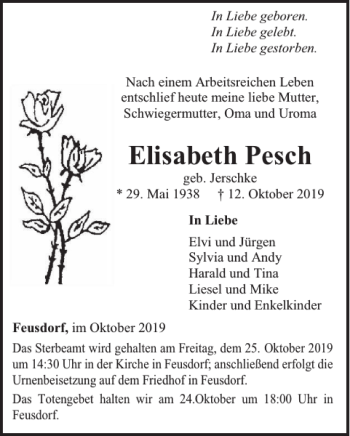 Traueranzeige von Elisabeth Pesch von Wochenspiegel