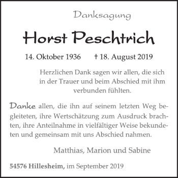 Traueranzeige von Horst Peschtrich von Wochenspiegel