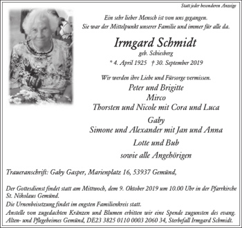 Traueranzeige von Irmgard Schmidt von WochenSpiegel