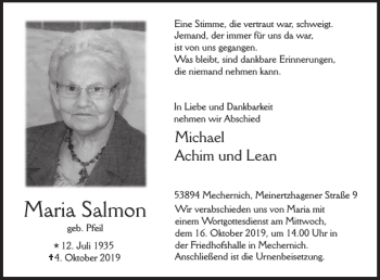 Traueranzeige von Maria Salmon von Wochenspiegel