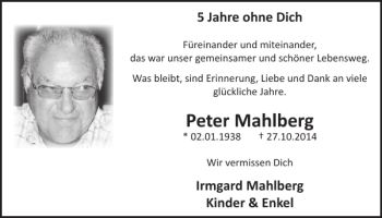 Traueranzeige von Peter Mahlberg von Wochenspiegel