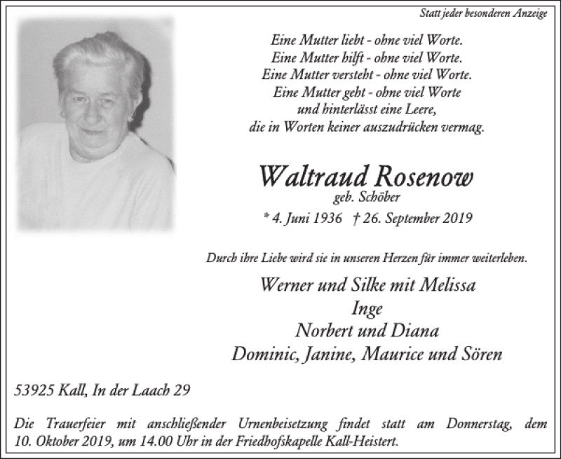  Traueranzeige für Waltraud Rosenow vom 02.10.2019 aus Wochenspiegel