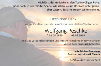 Traueranzeige von Wolfgang Peschke von Wochenspiegel