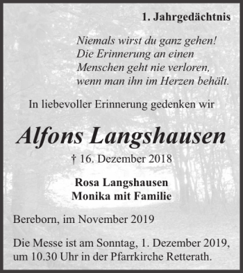 Traueranzeige von Alfons Langshausen von WochenSpiegel