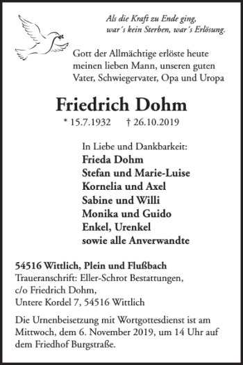 Traueranzeige von Friedrich Dohm von WochenSpiegel