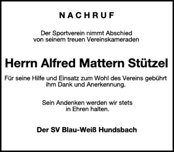 Traueranzeige von Herrn Alfred Mattern Stützel von WochenSpiegel