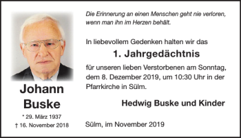 Traueranzeige von Johann Buske von WochenSpiegel