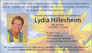 Traueranzeige von Lydia Hillesheim von WochenSpiegel