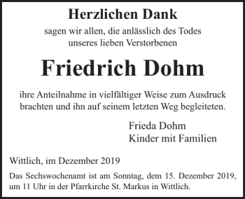 Traueranzeige von Friedrich Dohm von WochenSpiegel