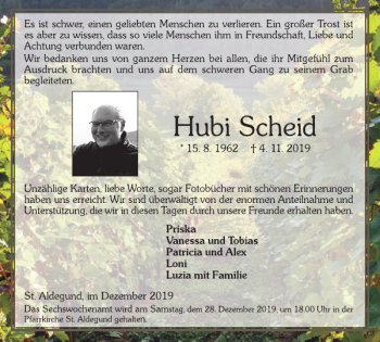 Traueranzeige von Hubi Scheid von WochenSpiegel