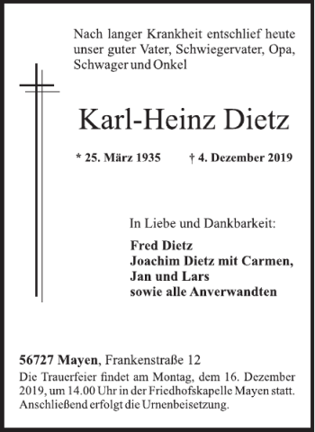 Traueranzeige von Karl-Heinz Dietz von WochenSpiegel