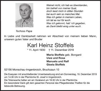 Traueranzeige von Karl Heinz Stoffels von WochenSpiegel