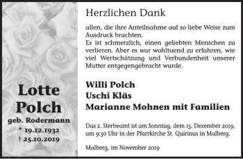 Traueranzeige von Lotte Polch von WochenSpiegel