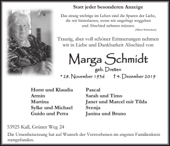 Traueranzeige von Marga Schmidt von WochenSpiegel