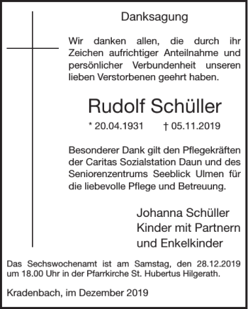 Traueranzeige von Rudolf Schüller von WochenSpiegel