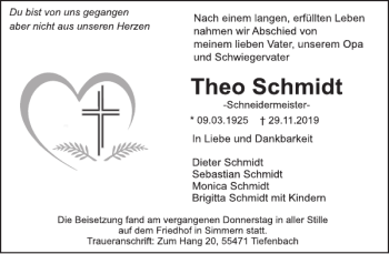 Traueranzeige von Theo Schmidt von WochenSpiegel