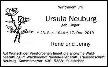 Traueranzeige von Ursula Neuburg von WochenSpiegel