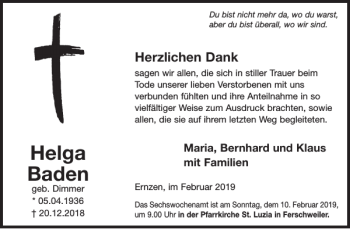 Traueranzeige von Helga Baden von WochenSpiegel