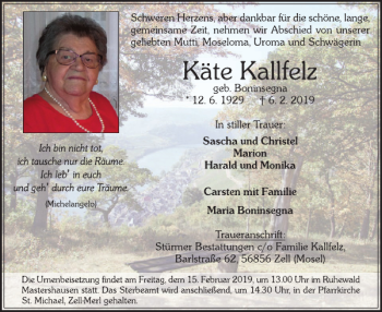 Traueranzeige von Käthe Kallfelz von WochenSpiegel