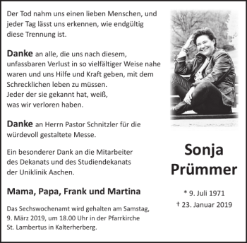 Traueranzeige von Sonja Prümmer von WochenSpiegel