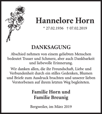 Traueranzeige von Hannelore Horn von WochenSpiegel