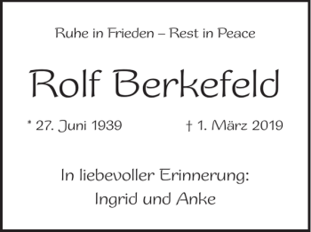 Traueranzeige von Rolf Berkefeld von WochenSpiegel