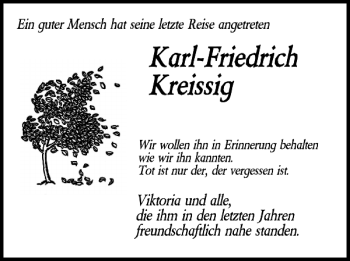 Traueranzeige von Karl-Friedrich Kreissig von WochenSpiegel