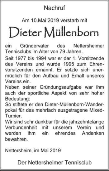 Traueranzeige von Dieter Müllenborn von WochenSpiegel