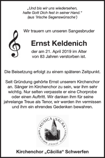 Traueranzeige von Ernst Keldenich von WochenSpiegel