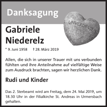 Traueranzeige von Gabriele Niederelz von WochenSpiegel