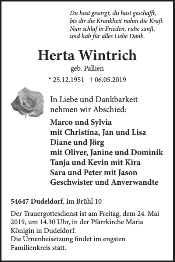 Traueranzeige von Herta Wintrich von WochenSpiegel