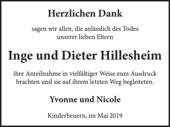 Traueranzeige von Inge und Dieter Hillesheim von WochenSpiegel