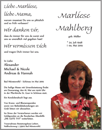 Traueranzeige von Marliese Mahlberg von WochenSpiegel