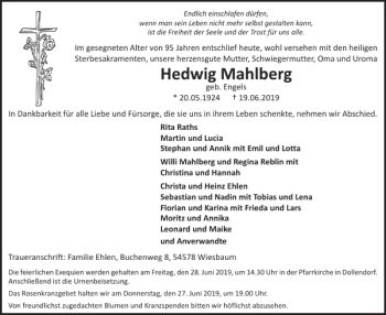 Traueranzeige von Hedwig Mahlberg von WochenSpiegel