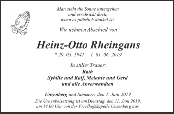 Traueranzeige von Heinz-Otto Rheingans von WochenSpiegel