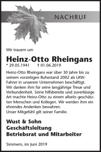 Traueranzeige von Heinz-Otto Rheingans von WochenSpiegel