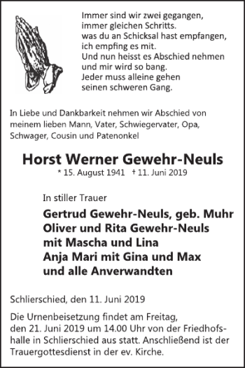 Traueranzeige von Horst Werner Gewehr-Neuls von WochenSpiegel