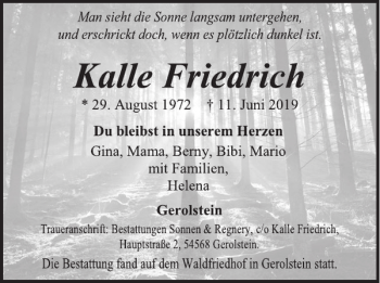 Traueranzeige von Kalle Friedrich von Wochenspiegel