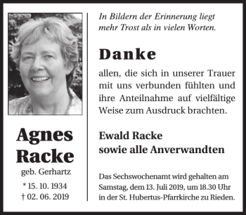 Traueranzeige von Agnes Racke von Wochenspiegel