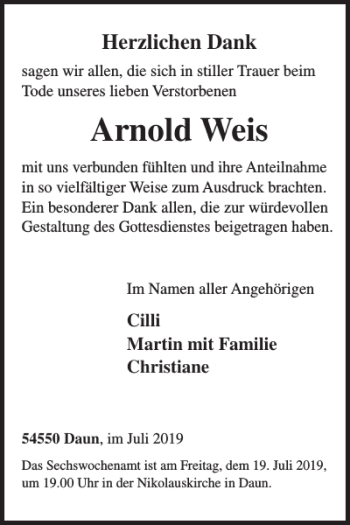 Traueranzeige von Arnold Weis von Wochenspiegel