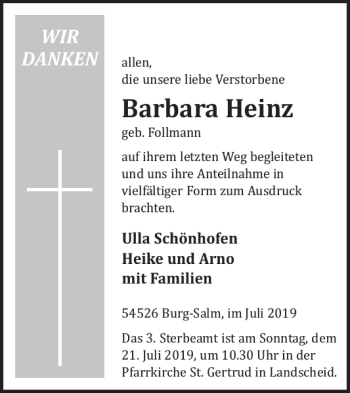 Traueranzeige von Barbara Heinz von Wochenspiegel