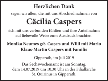 Traueranzeige von Cäcilia Caspers von Wochenspiegel