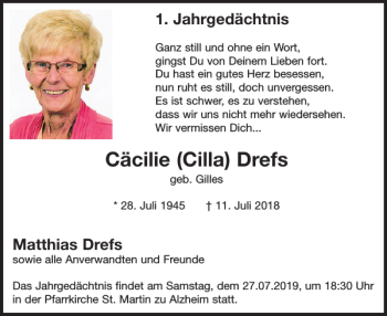 Traueranzeige von Cäcilie Cilla Drefs von Wochenspiegel